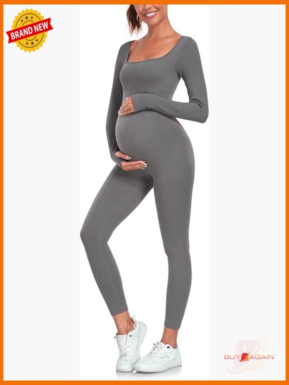Maternity Seamless Yoga Jumpsuit Ribbed Square Neck Long Sleeve Romper